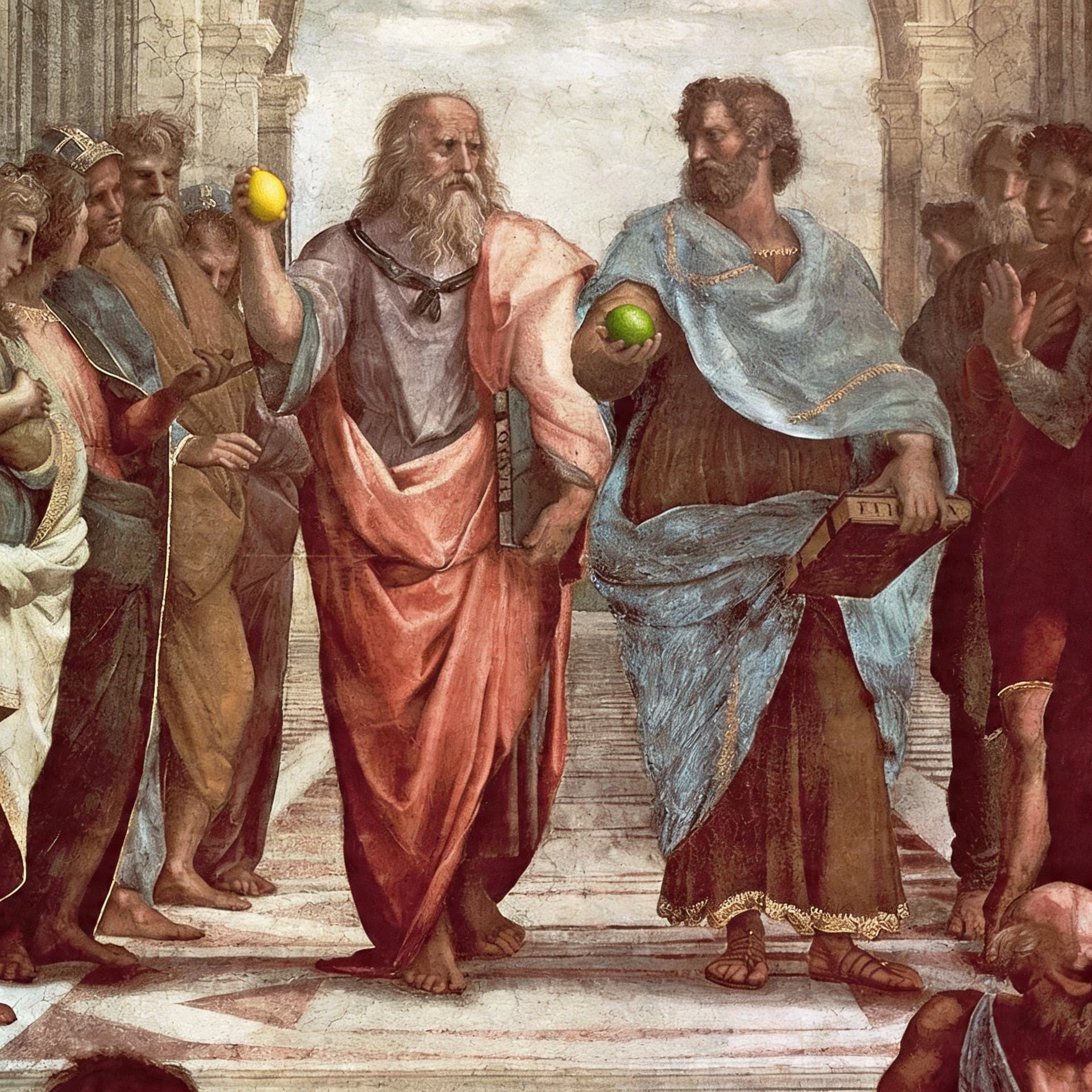 Plato met een gele citroen in de hoogte, uit een herschilderde School van Athene.