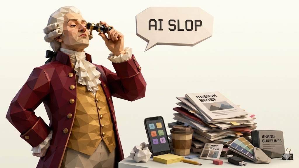 Low-poly aristocrat inspecting design work with opera glasses beside an AI SLOP speech bubble