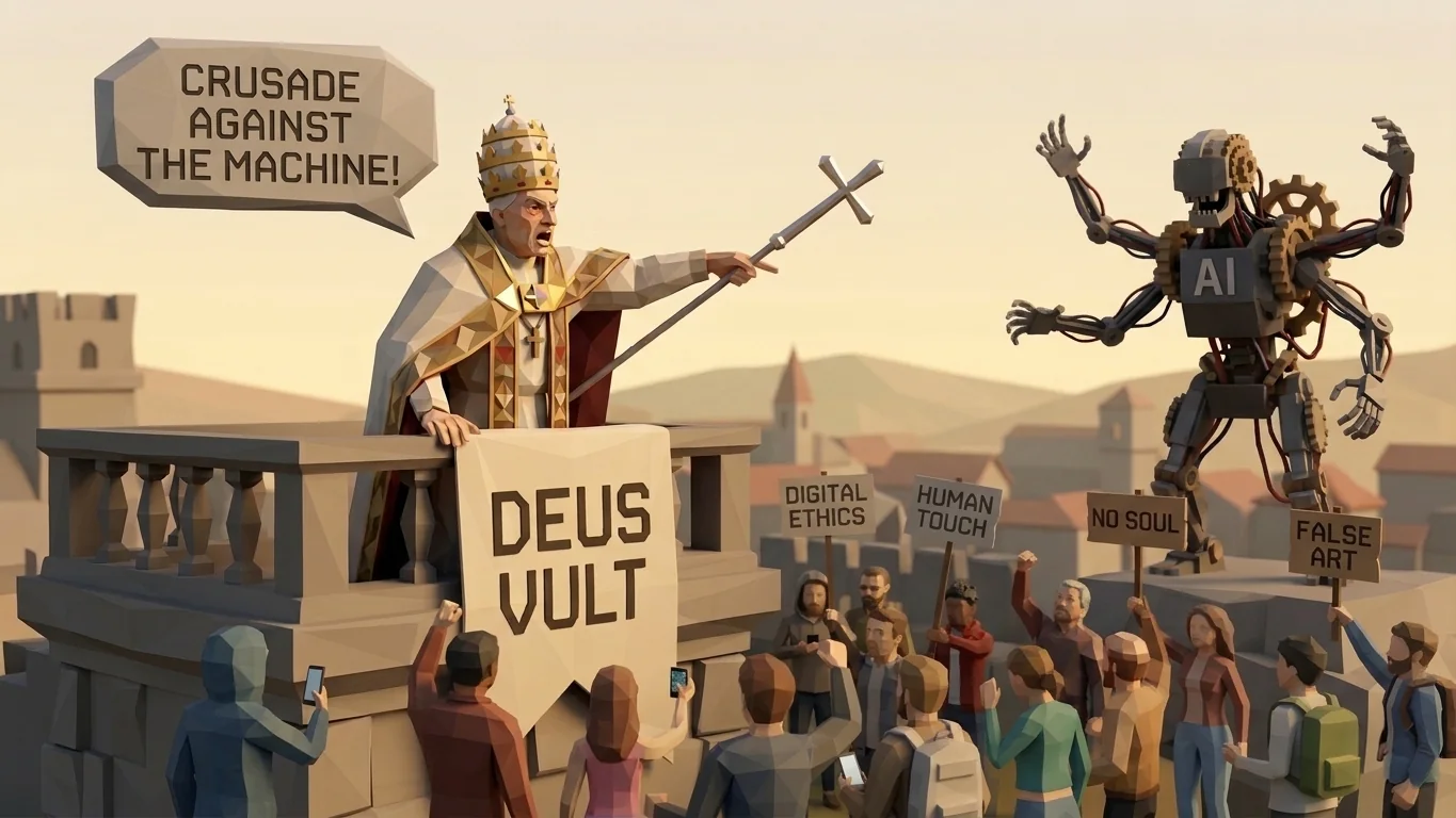 Low-poly knight raising a sword against a towering machine, in the style of a medieval crusade