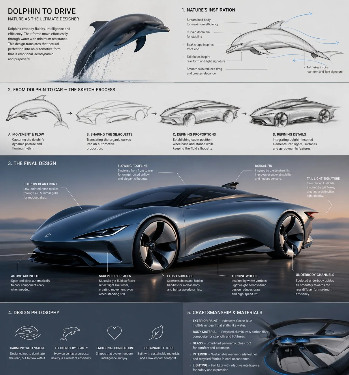Dolphin-inspired car concept with sketch process and design breakdown