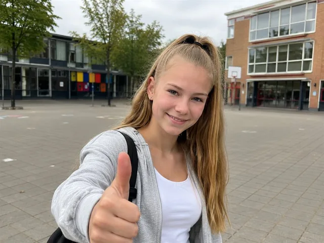 Photo: a student outside school giving a thumbs up after passing.