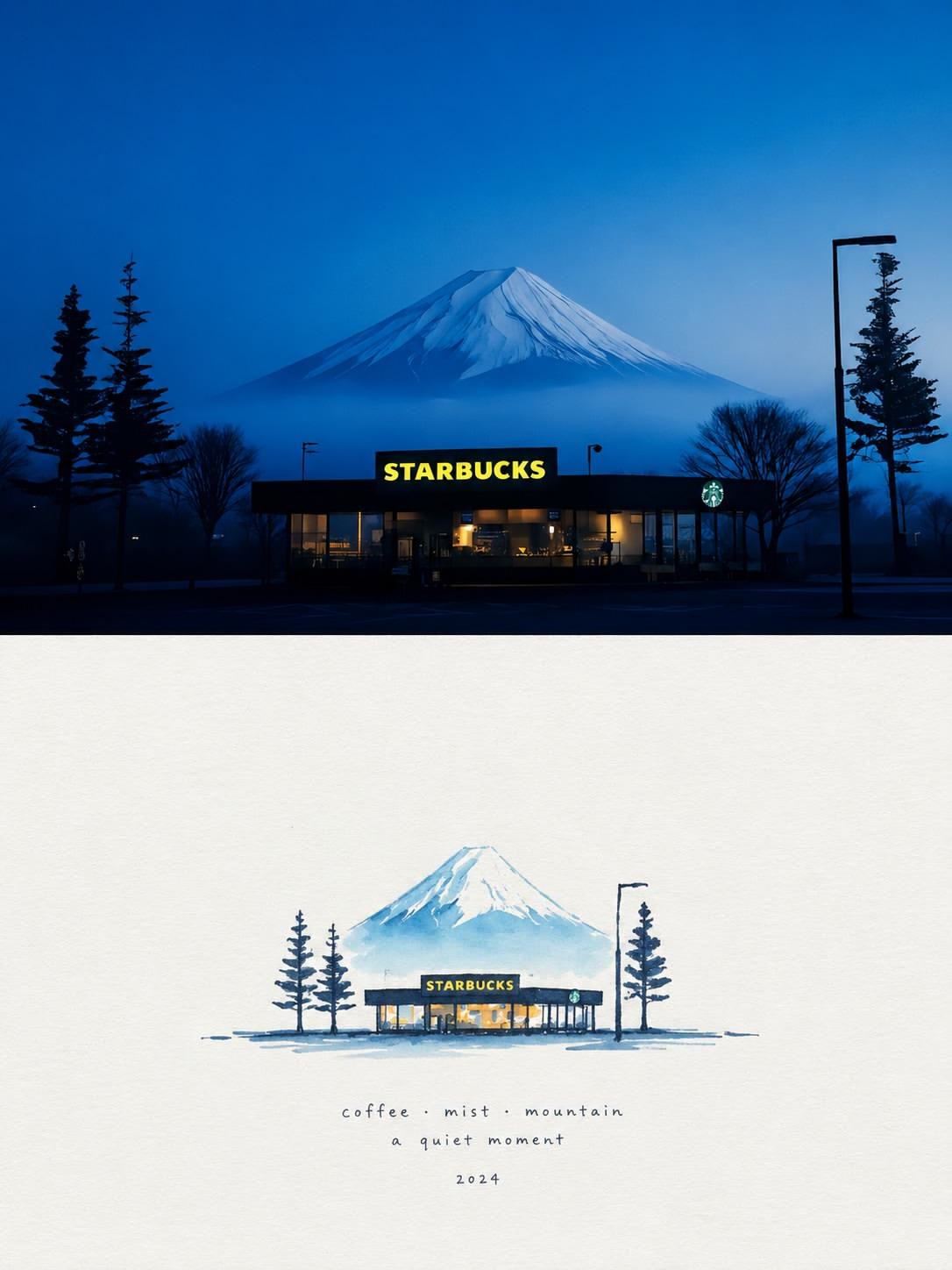 Watercolor Fuji cafe print