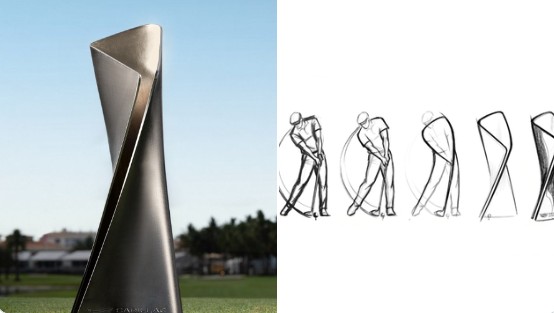The Cadillac Championship trophy on the left, design sketches showing the iterative process on the right